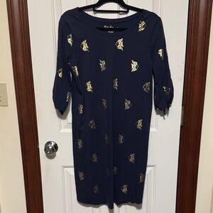 Lilly Pulitzer navy and gold fish print Preston Dress L EUC